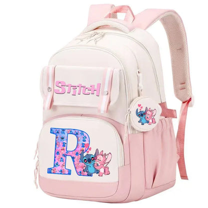 Stitch Angel Backpack Girls Disney Anime Letter A-Z Schoolbags Student School Shoulders Bag Outdoor Sport Travel Rucksack Gift