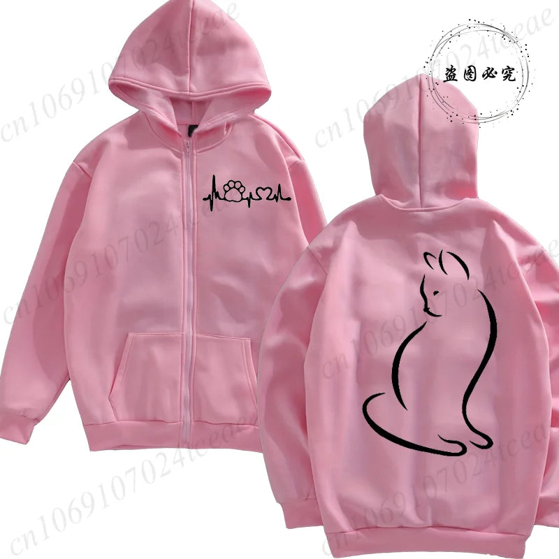 Women Zipper Hoodie Clothes Autumn Winter New Cute Cat Heatbeat Sweatshirt Hip Hop Streetwear Women Zip Up Jacket Coat Clothing