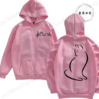 Women Zipper Hoodie Clothes Autumn Winter New Cute Cat Heatbeat Sweatshirt Hip Hop Streetwear Women Zip Up Jacket Coat Clothing
