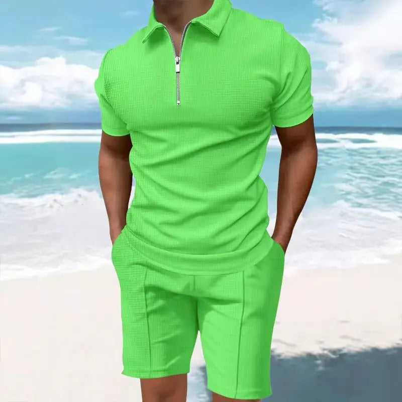 Heren comfortabel wafelpolo shirt met korte mouwen en shorts set - ademende lichtgewicht lente/zomerkleding