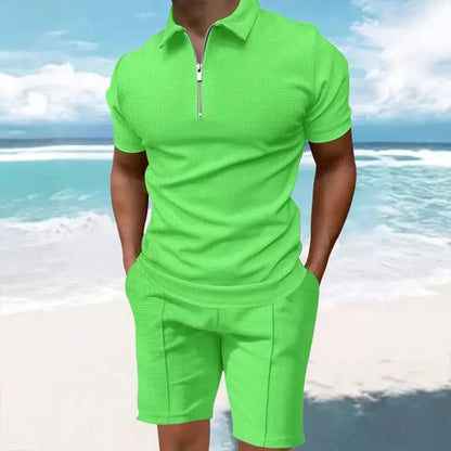 Heren comfortabel wafelpolo shirt met korte mouwen en shorts set - ademende lichtgewicht lente/zomerkleding
