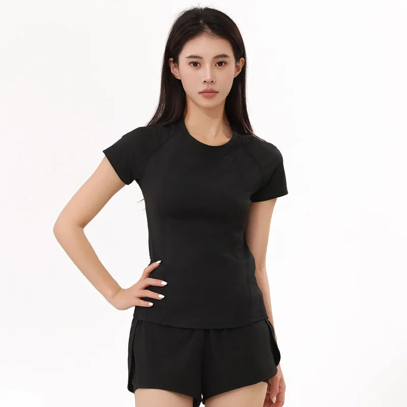 American Minimalist Style Non-marking Yoga Sports Tops Women Round Neck Slim Sports Fitness Mesh Quick Dry Fitness Clothing