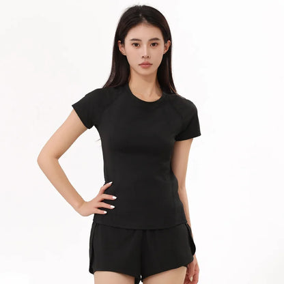 American Minimalist Style Non-marking Yoga Sports Tops Women Round Neck Slim Sports Fitness Mesh Quick Dry Fitness Clothing