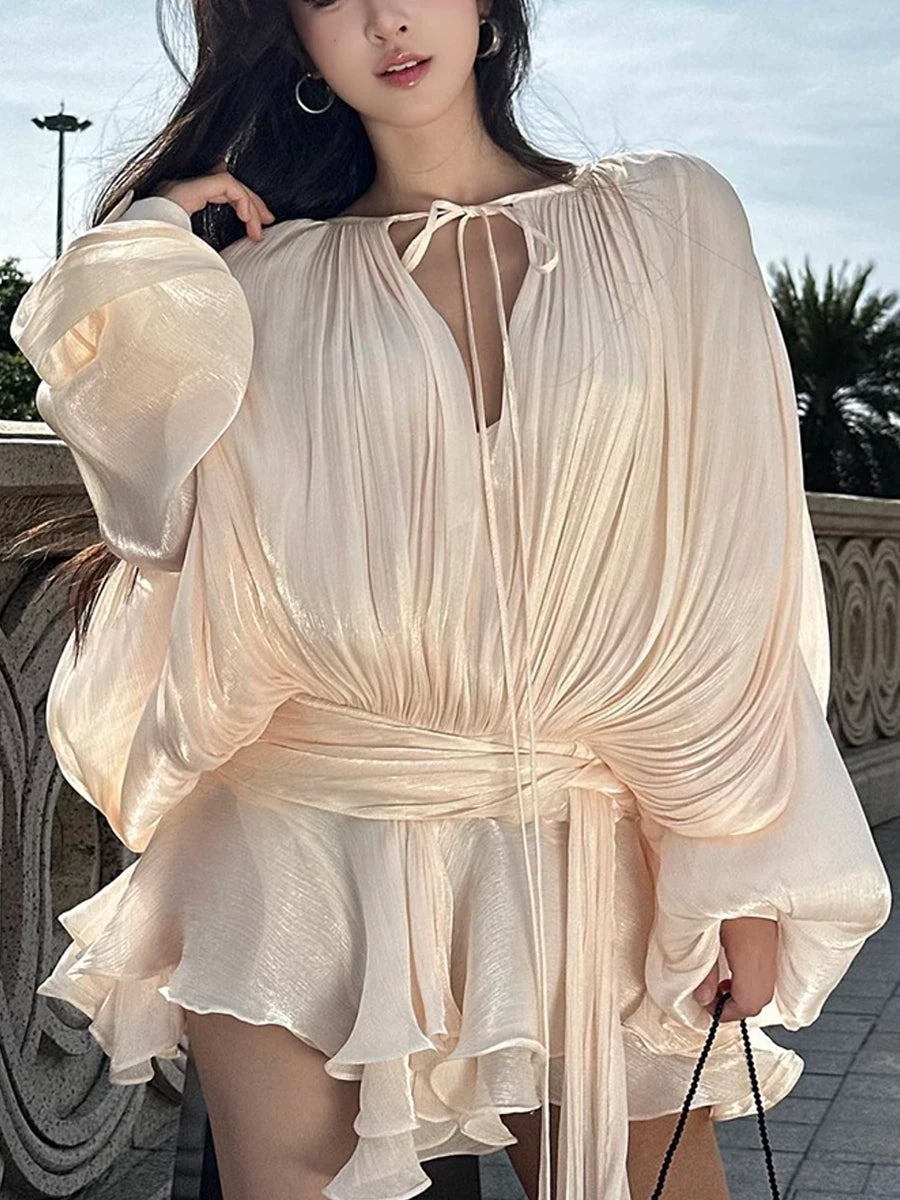 Galcaur Solid Loose Splicd Lace Up Dresses For Women V Neck Lange ermer Patchwork Ruffles Tunika Dreses Female Fashio Ny