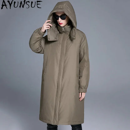 AYUNSUE White Duck Down Puffer Jacket Women Clothing 2024 Long Down Coats New in Outerwears Winter Windproof and Warm Coat Парки