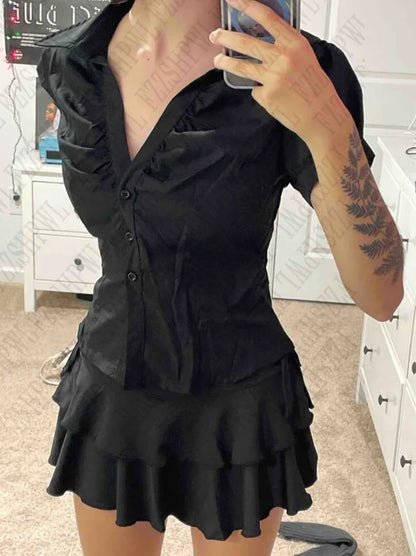 Vintage estetické ženy osobnost y2k štíhlé oděvy módní košile harajuku krátký rukáv topy ženské klasické klasické příležitostné tričko