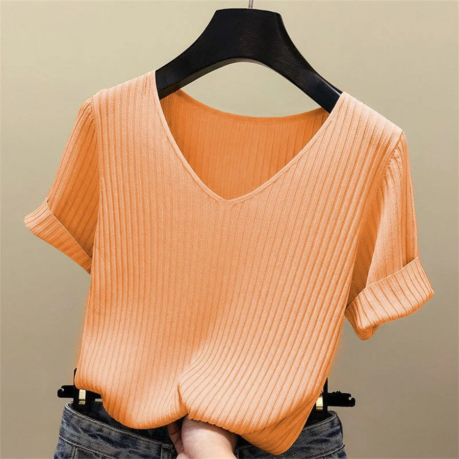 Bluse kvinner blusas mujer de moda verano kort erme bluse v-hals strikket bluse skjorte topper kvinner blusas df4907