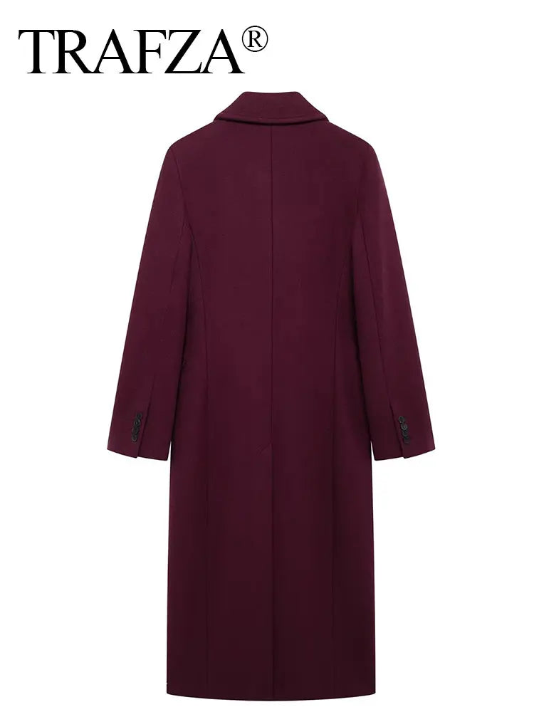 Trafza Women Fashion Burgundy Wełniany płaszcz podwójnie piersi Long Mieszanie Lapel Kurtka Jumn Winter High Street Onymiza