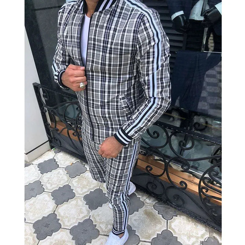 2025 Herbst Herum Männer Tracksuit 2pc Set Plaid Zipper Sweatshirt Jacke Langes Hosen Freigelegte Fitnessstudio Running Jogging Outfit Fleece Sportswear