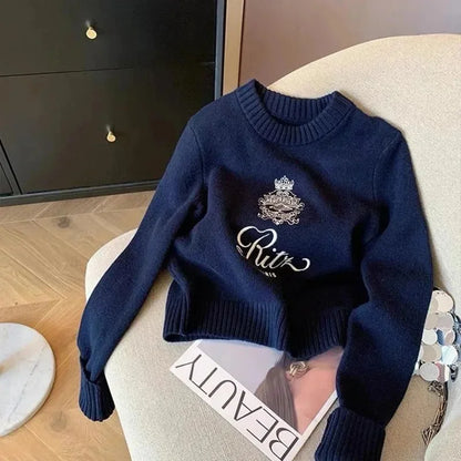 Letters Embroidery Pullover Sweater 2025 Spring Autumn Women Round Neck Long Sleeve Knitwear Jumper Female Casual Design Tops