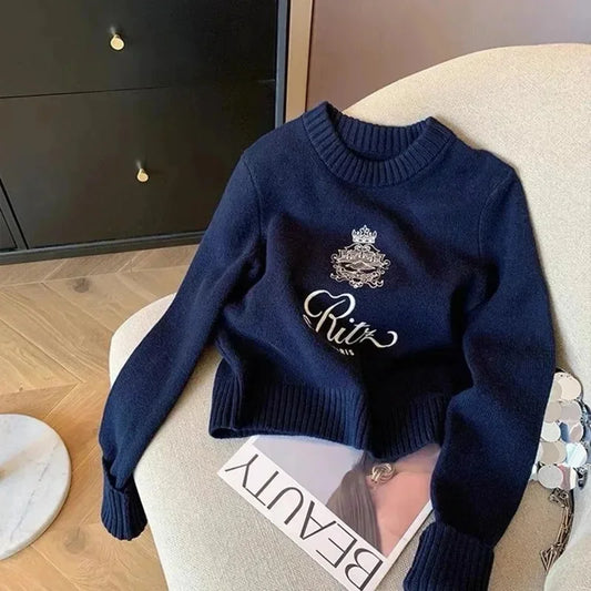 Letters Embroidery Pullover Sweater 2025 Spring Autumn Women Round Neck Long Sleeve Knitwear Jumper Female Casual Design Tops