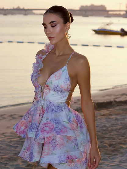 Kvinner Tie-Dye 3D Flower Deep V Neck Flare Sleeve Mini Dresses Fashion Slim Printed Multiple Pliss Vestidos New Lady Holiday Wear