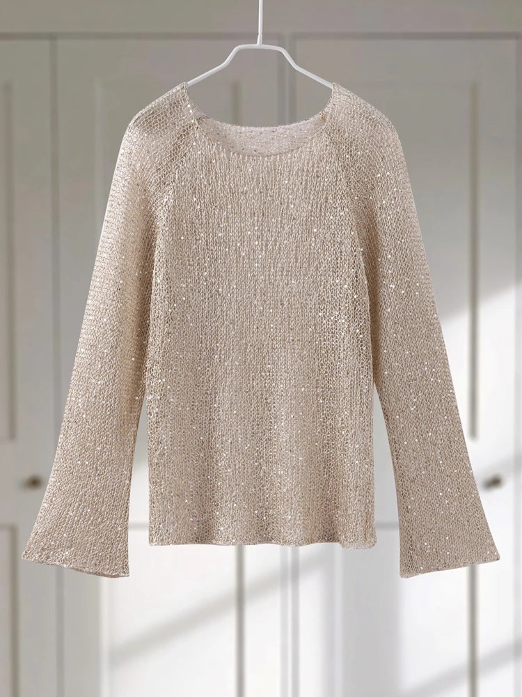 Sequins Hollow Out Pullovers Women Loose O-neck Long Sleeve Knit Sweaters Female 2025 Spring Shinny Chic Evening Shirts Lady