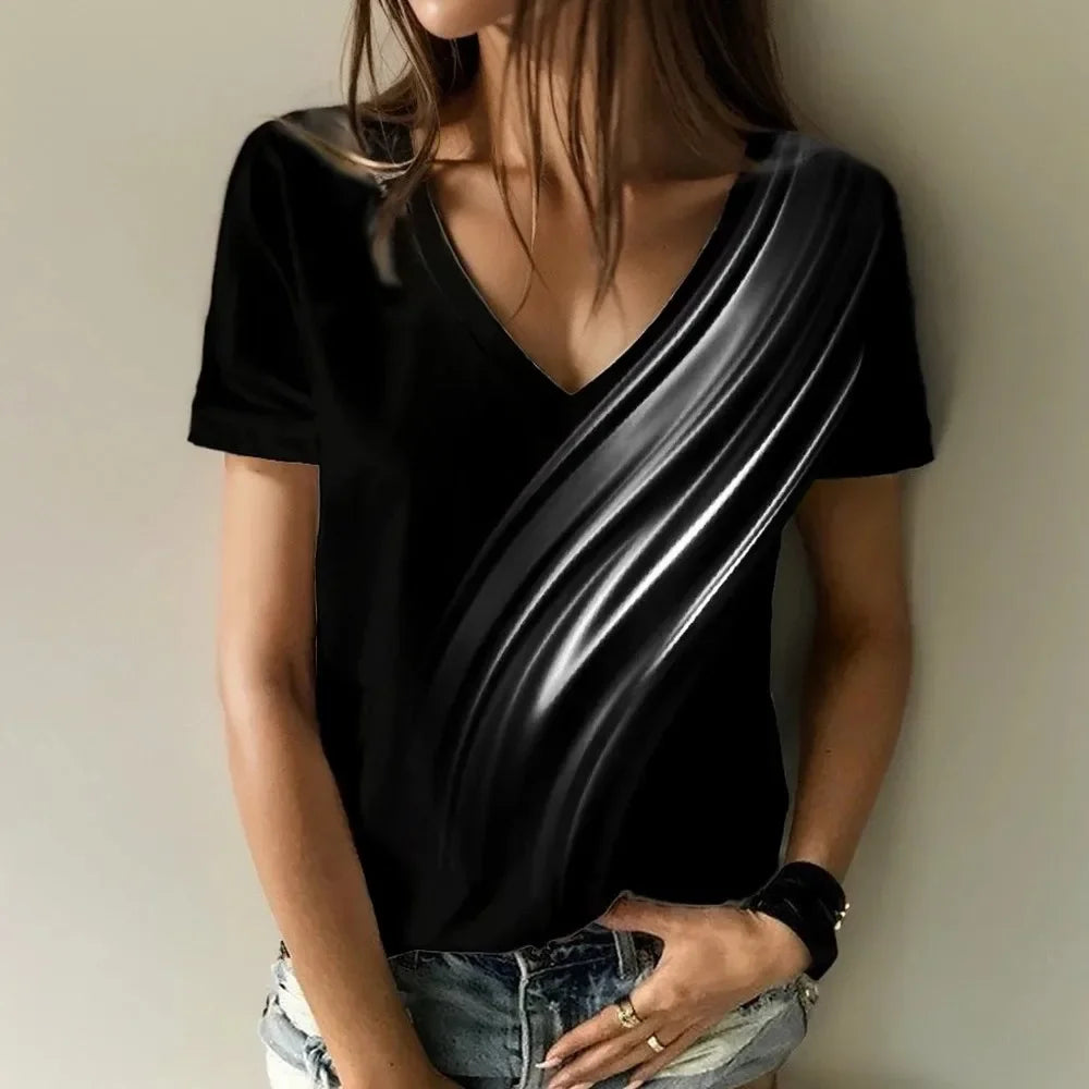 VSummer New Damen-T-Shirt 3D Elegante Atmosphäre V-Ausschnitt Kurzarm Shirt Mode Frauen T-Shirt Kleidung Y2K Frauen T-Shirt