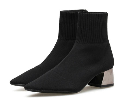 Eilyken Fashion Knitted Stretch Fabric Sewing Women Ankle Boots Square Heels Winter Pointed Toe Ladies Sock Booties