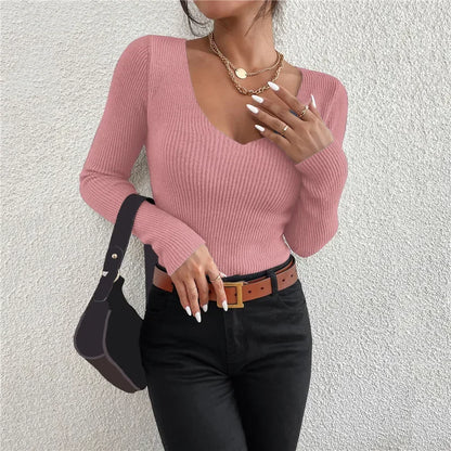 2025 Autumn Winter Women Solid Rib Knit V Neck Rand Pull tröja Femme Y2k långärmad tröja tröja toppar modekläder