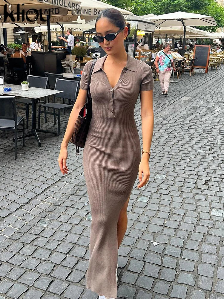 Kliou elegante escritório senhora maxi vestido mulher mulher sólida gola giratória de gola curta manga curta fenda lateral manto de rua em forma de corpo