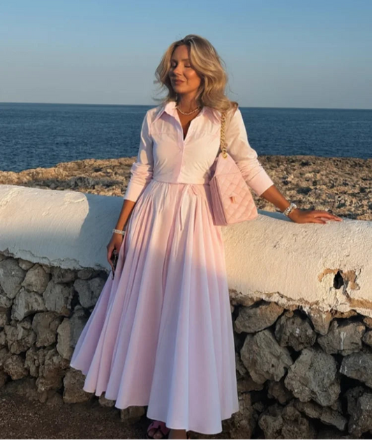 Casual Solid Shirts Skirts Suit Women Long Sleeve Lapel Button Top A-Line Midi Skirts Lady Set 2025 Summer Fall Office Set