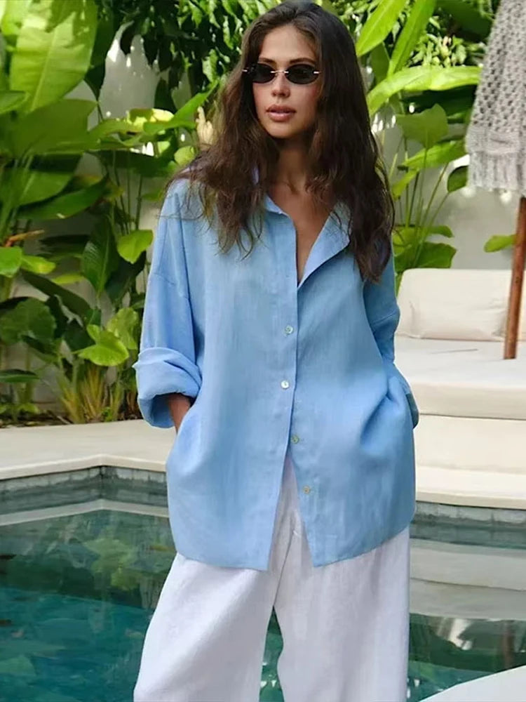 Fashion Loose Women's Shirts Long Sleeve Lapel Oversize Female Blouses 2025 Spring Summer Elegant Pink Cotton Linen Lady Shirts