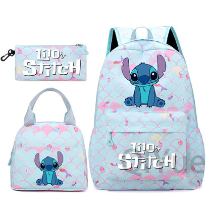 Disney Lilo Stitch Backpack Set for Girl Teen Student Back To School Knapsack Women Rucksack Mermaid Style Lunch Bag Pencil Case