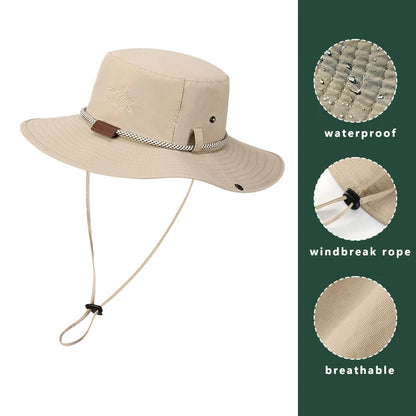Men Bucket pălărie scrisoare de broderie etichetă din piele cowboy pălărie impermeabilă exterioară exterioară capac de pescuit ușor 8cm brim anti-uv pălărie de soare