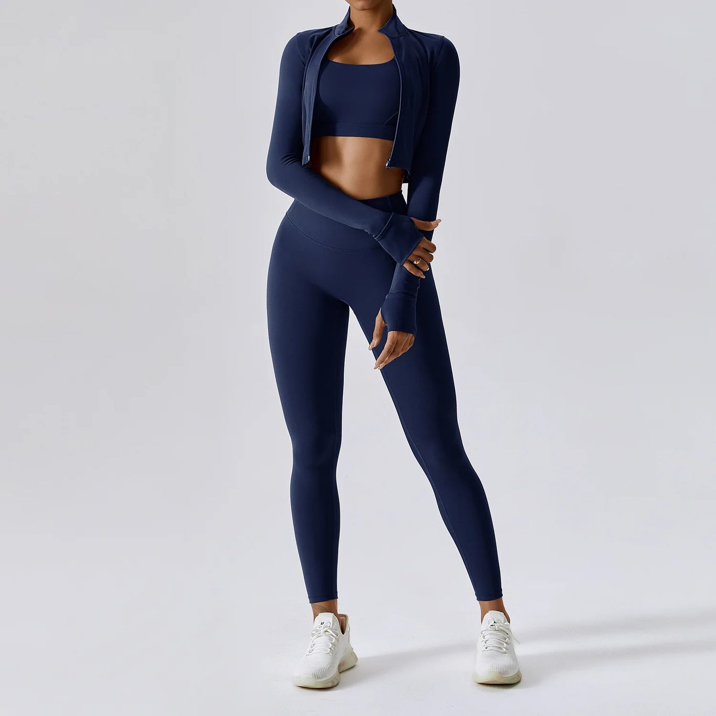 3 Pieces Women Tracksuit Yoga Set Workout Sportswear Gym Clothing Fitness Long Sleeve Crop Top High Waist Leggings Sports Suits