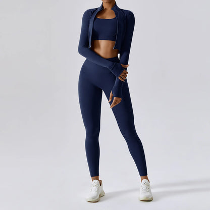 3 Pieces Women Tracksuit Yoga Set Workout Sportswear Gym Clothing Fitness Long Sleeve Crop Top High Waist Leggings Sports Suits