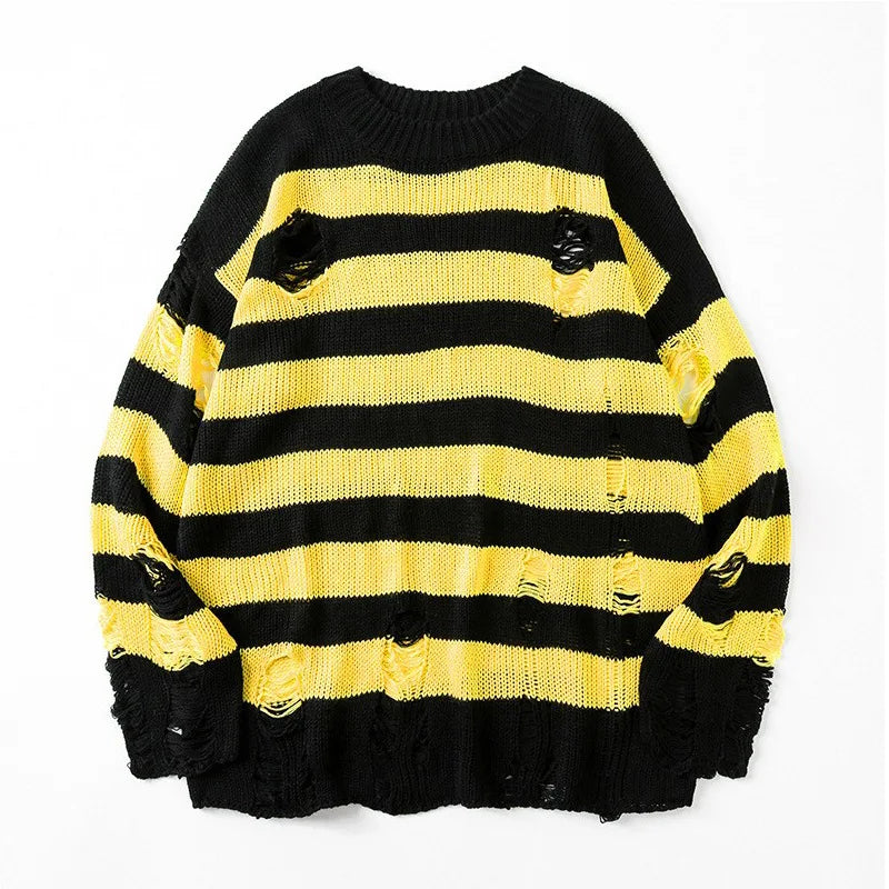 Black Stripe Sweaters Destroyed Ripped Sweater Men Pullover Hole Knit Jumpers Men Oversized Sweatshirt Harajuku Long Sleeve Tops