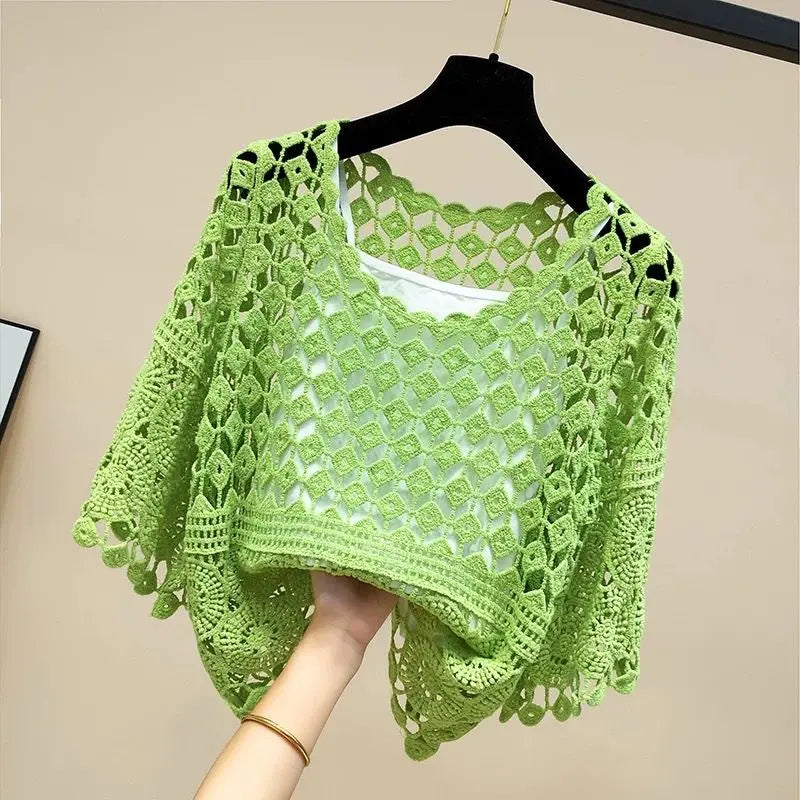 Women 2025 Spring Summer New Hook Flower Hollow Loose Pullovers Female Shawl Knitted Tops Ladies Short Jumper Sweater Tops W38