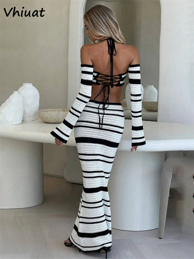 Vhiuat sommer langærmet toppe lange nederdel dragt kvinder strikket strandfest 2 stykke kjole sæt elegant matchende sæt outfits 2024