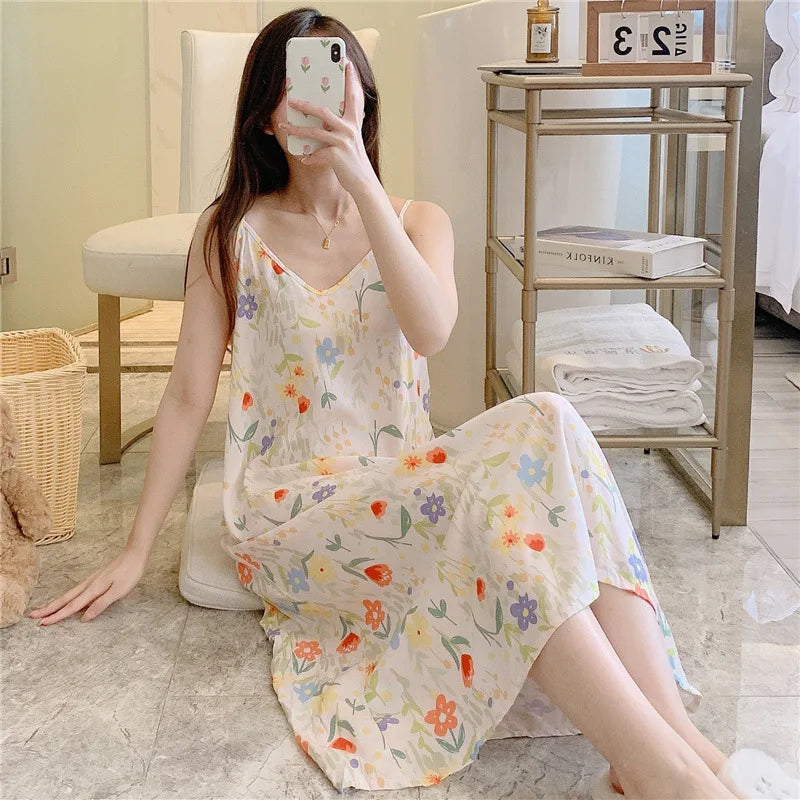Abito da notte in cotone sottile sciolto da donna stampa stampa abbigliamento da sonno letto permanente per abito da notte carino indossare abiti da casa