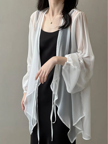 Cămăși pentru femei în v-gât liber cu mânecă lungă cusătură deschisă în stil coreean dantelă simplă Simp solid de vară șifon Minimalist Minimalist Elegant