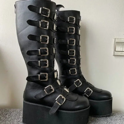 Kvinder støvler cosplay damer høj hæl platform kiler kvinder høje støvler gotisk spænde stropp lang rør læder kvindelige støvler plus SI