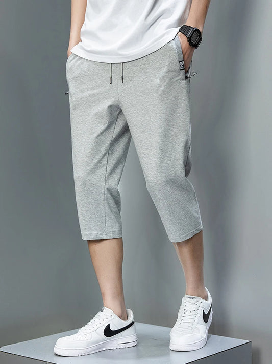 Summer Zip Pockets Sweat Shorts Men Sportswear 3/4 Capris Pants Breathable Cotton Straight Breeches Short Pants Big Size 8XL