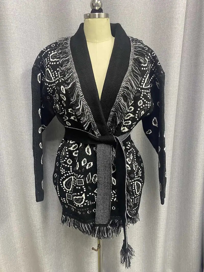 Boho Inspired Women's elegant Belt cashmere cardigan women High quality Wool Tassels jacquard grey knit cardigan long oversized