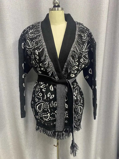 Boho Inspired Women's elegant Belt cashmere cardigan women High quality Wool Tassels jacquard grey knit cardigan long oversized