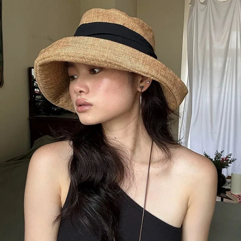 Old Money Style Cotton Linen Sun Hats Women Travel Breathable UV Protection Hat Summer Beach Quiet Luxury Wide Brim Bucket Hats