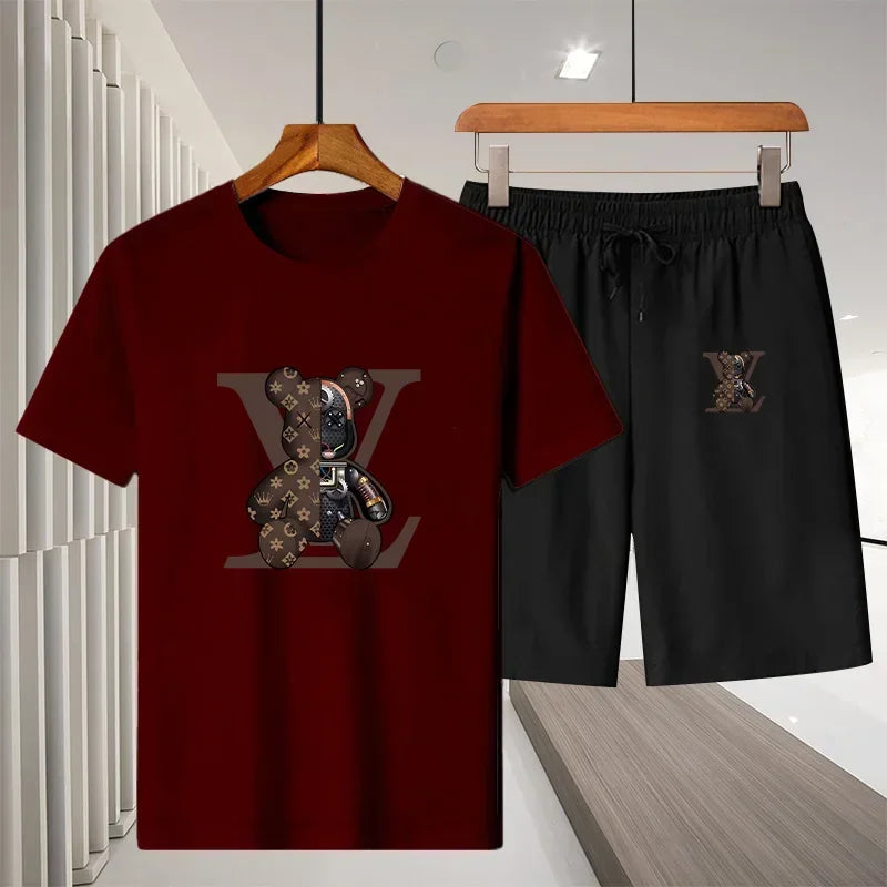 Ny 2025 Summer Leisure Men's Sports Suit Outdoor vandring Jogging Men's Short Sleeve Breattable T-shirt + Shorts Two-Piece Set
