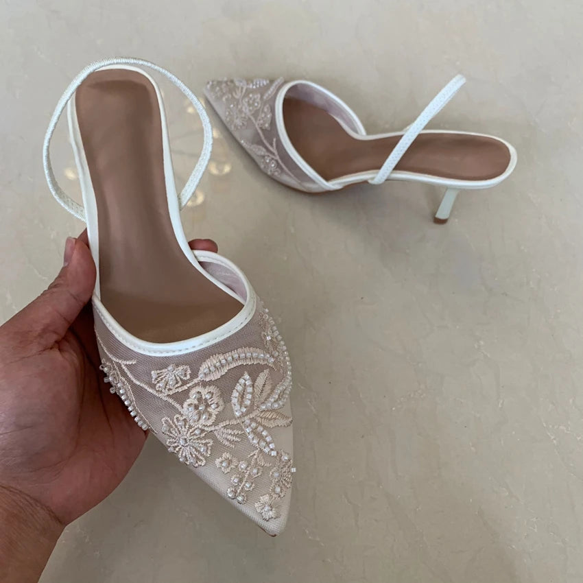 Mesh Embroidered Women Sandals String Bead Thin High Heels Mules Shoes Pointed Toe Slingback Slippers Women Zapatos De Mujer