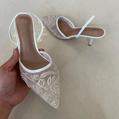 Mesh Embroidered Women Sandals String Bead Thin High Heels Mules Shoes Pointed Toe Slingback Slippers Women Zapatos De Mujer