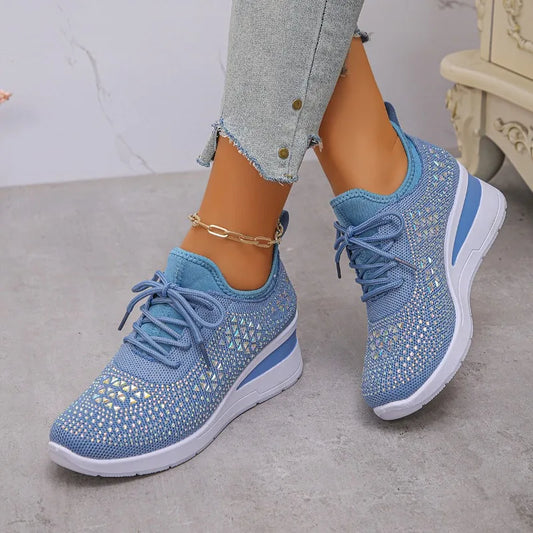 Las zapatillas de deporte de moda caen nuevas dedo redondo de la plataforma de malla dhinestone de la plataforma frontal sin deslizamiento.