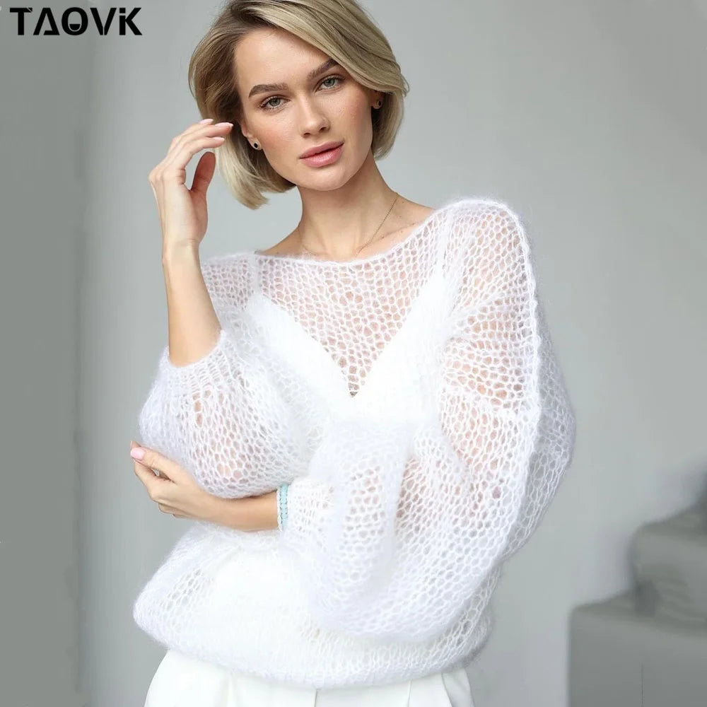 TYHRU Women's Knitted Sweaters Lady Hollow out Mesh Thin Pullover See Through Look Lantern Sleeve Loose Tops Smock