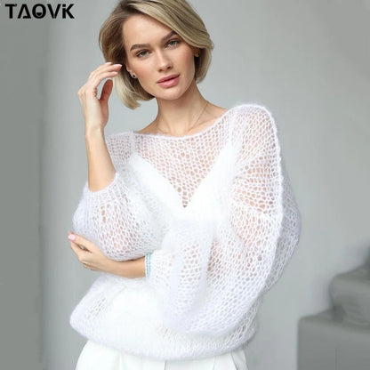 TYHRU Women's Knitted Sweaters Lady Hollow out Mesh Thin Pullover See Through Look Lantern Sleeve Loose Tops Smock