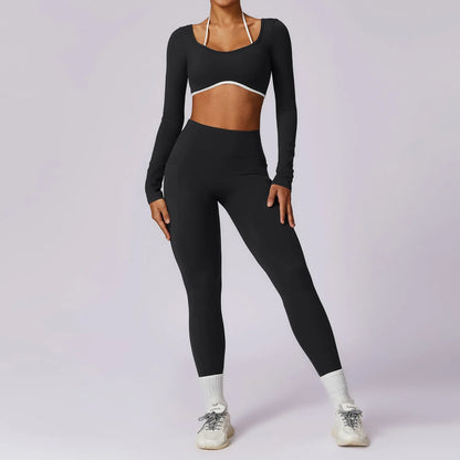 Women Tracksuit Yoga Set 2PCS Sport Suit GymWorkout Clothes Long Sleeve Gym Crop Top High Waist Leggings Fitness Bra Sports Wear