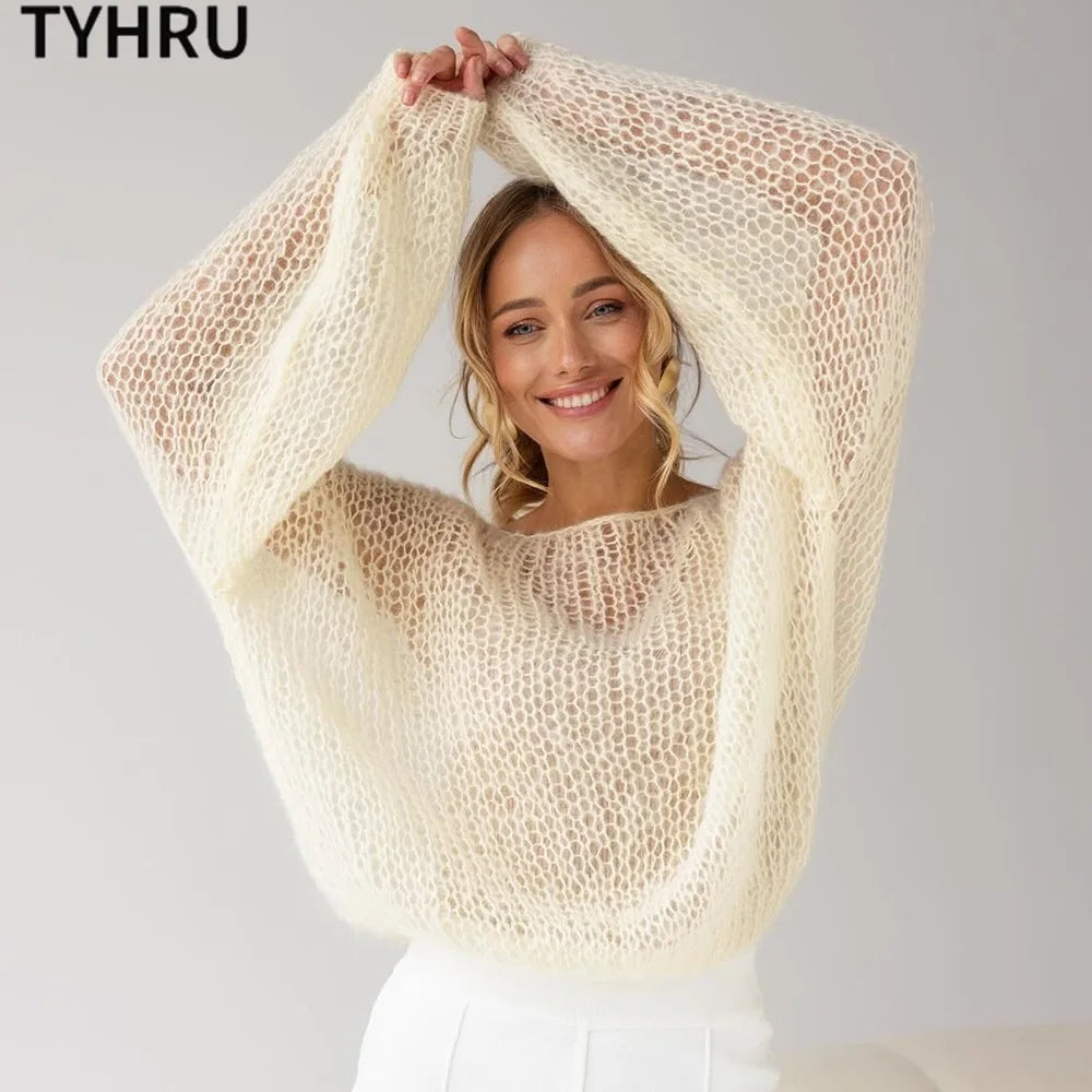 TYHRU Women's Knitted Sweaters Lady Hollow out Mesh Thin Pullover See Through Look Lantern Sleeve Loose Tops Smock