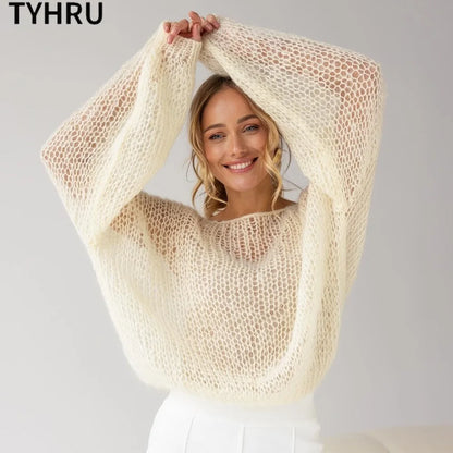 TYHRU Women's Knitted Sweaters Lady Hollow out Mesh Thin Pullover See Through Look Lantern Sleeve Loose Tops Smock
