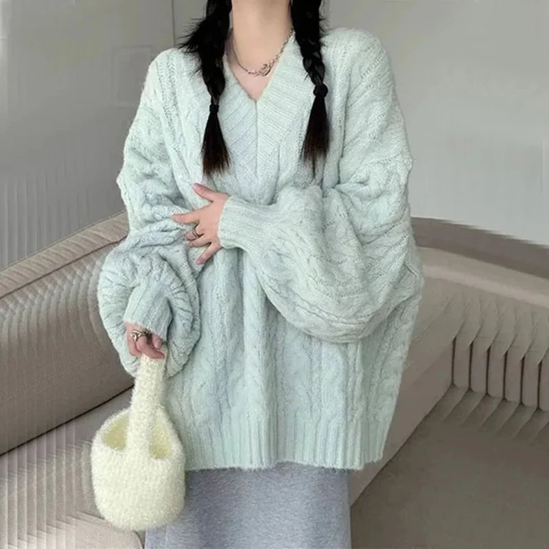 Haust vetrar konur peysa harajuku stór prjónað pullovers kóreska langerma v háls prjóna preppy solid laus stökkvari