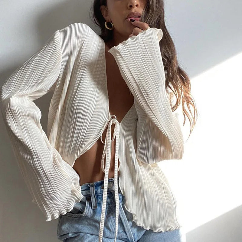 2025 Femei Cămăși Plisate Plisate Primăvară Fall Chic Long Flare Mânecă V- Neck Tie Up Cardigans Tops pentru Casual Party Street