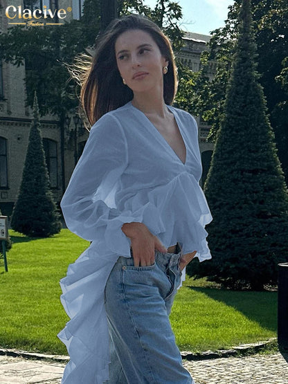 Clacive sexy camicia da donna bianca sciolta 2025 camicie a maniche lunghe a v-collo