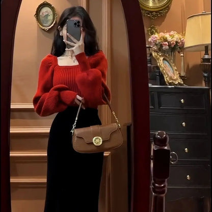 Autumn Square Collar Warm Sweaters Fashion Korean Solid Loose Knit Jumper Elegant Long Sleeve All Match Pullover Sweater M53